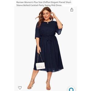 Plus Size Chiffon Flared Short Sleeve Belted Cocktail Party Swing Midi Dress